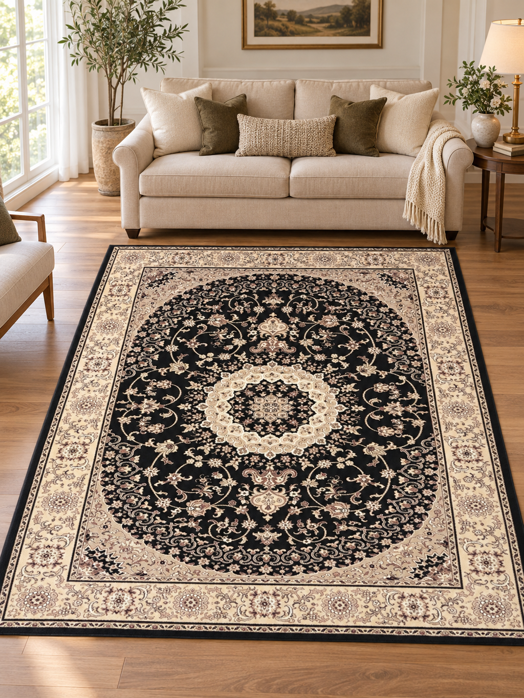 Black Persian Medallion Area Rug – lifestyle in living room