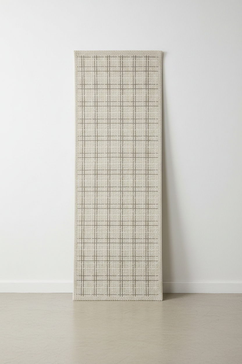 Modern Geometric Runner Rug standing upright against white wall